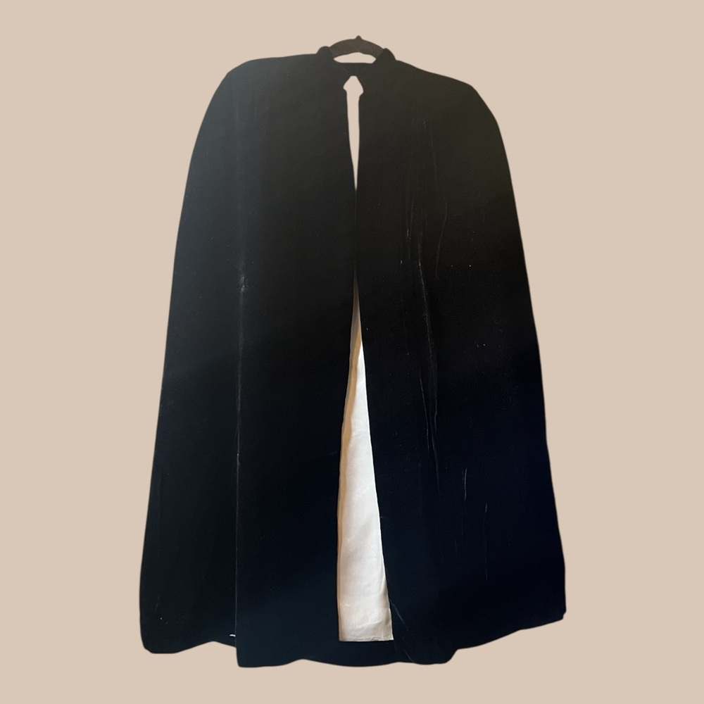 Vintage Black Velvet Cape with Wool and Off-White Satin Lining.